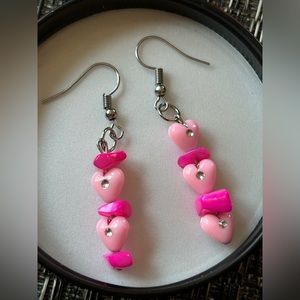 Pink hearts and stone mismatched earrings handmade